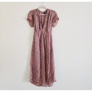 REFORMATION Floral Midi Short Sleeve Dress 4 Pink Rose Chiffon Deep V-neckline